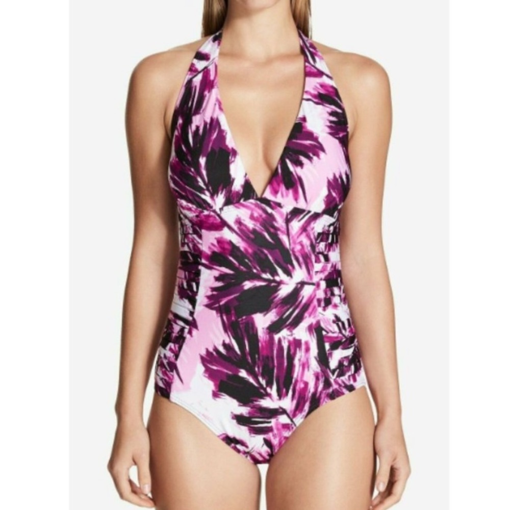 Calvin Klein Purple & White Palm Leaf One Piece Swimsuit With 4 Way Stretch Nwt